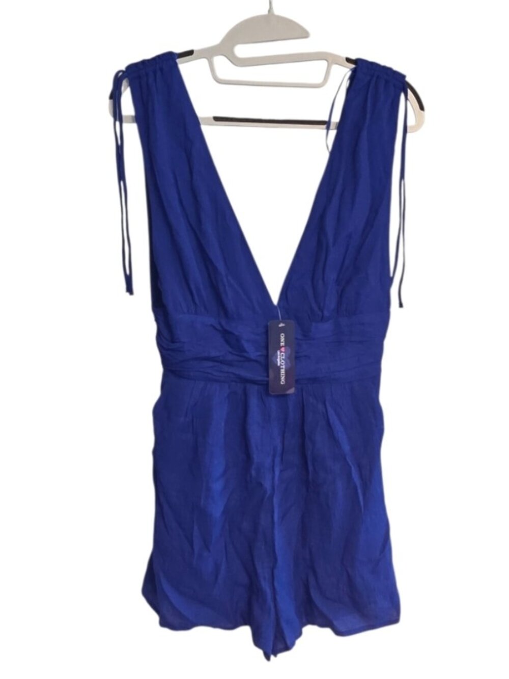 One Clothing Los Angeles Blue Womens Romper Shorts Sz M Deep V Neck Bold  NWT